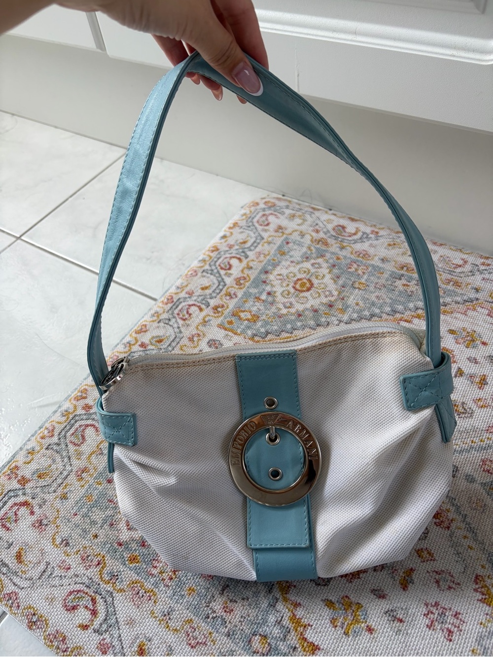 Emporio Armani Y2K White and Light Blue Shoulder Bag with Metal Ring Accent